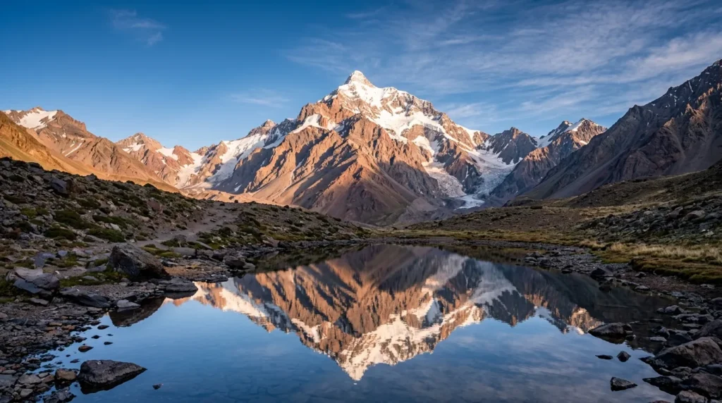 Paisagem deslumbrante do Aconcágua no circuito de alta montanha Mendoza com lago e picos nevados ao fundo