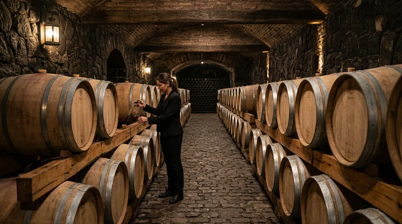 Adega subterrânea com barris de carvalho nas melhores vinicolas Mendoza para enoturismo exclusivo.