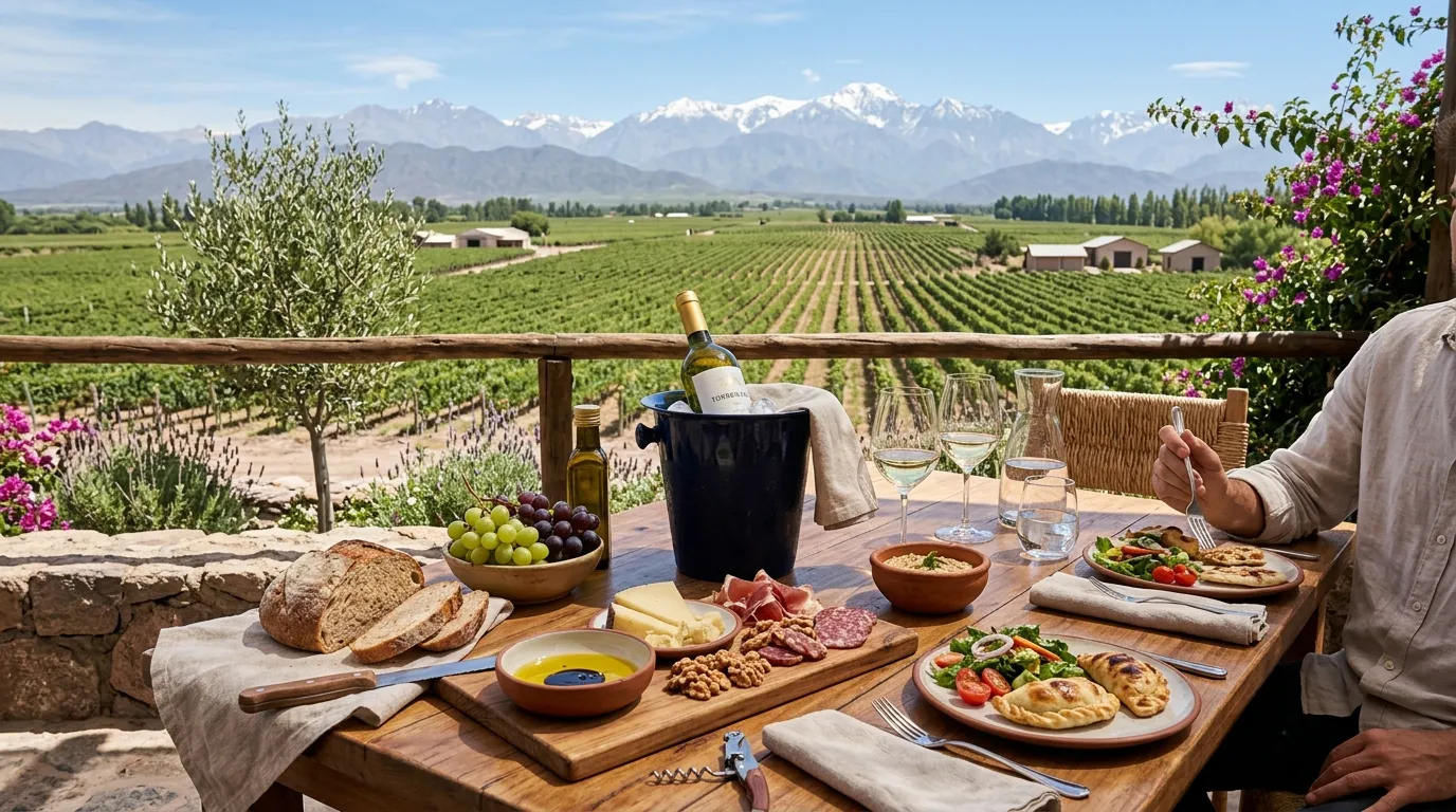 Almoço harmonizado ao ar livre visitando vinícolas em Mendoza na Argentina.