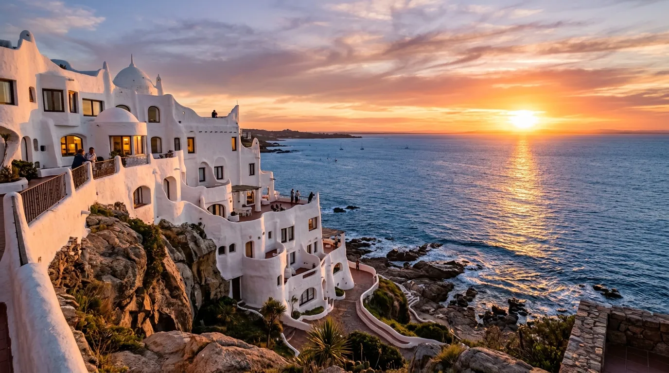 Arquitetura iconica a beira-mar em Punta del Este sob a luz do entardecer