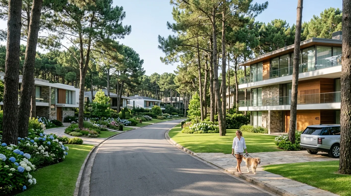 Bairro nobre arborizado com mansões indicando onde ficar em Punta del Este na melhor época.