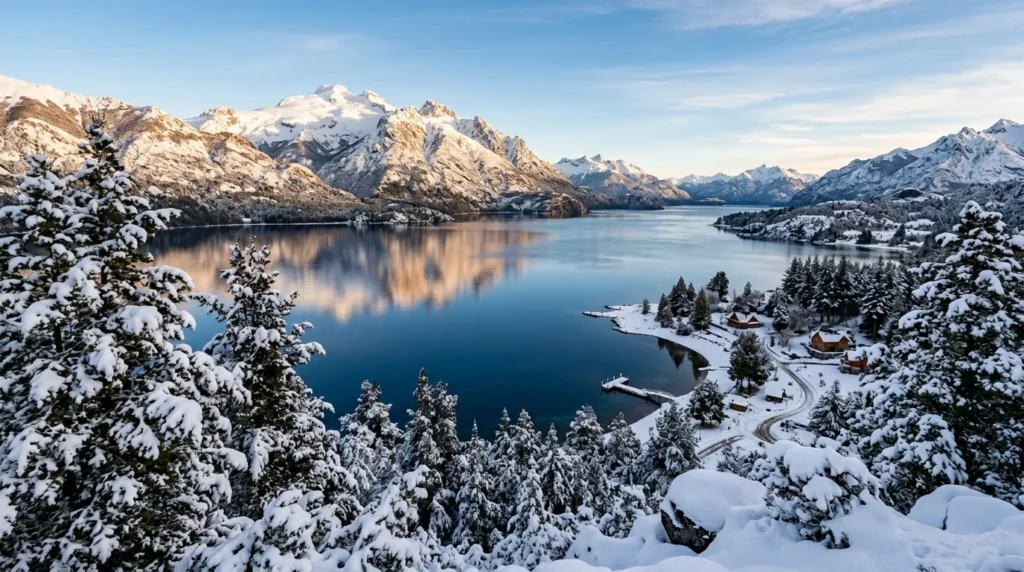 Paisagem deslumbrante de montanhas cobertas em Bariloche neve período de inverno.