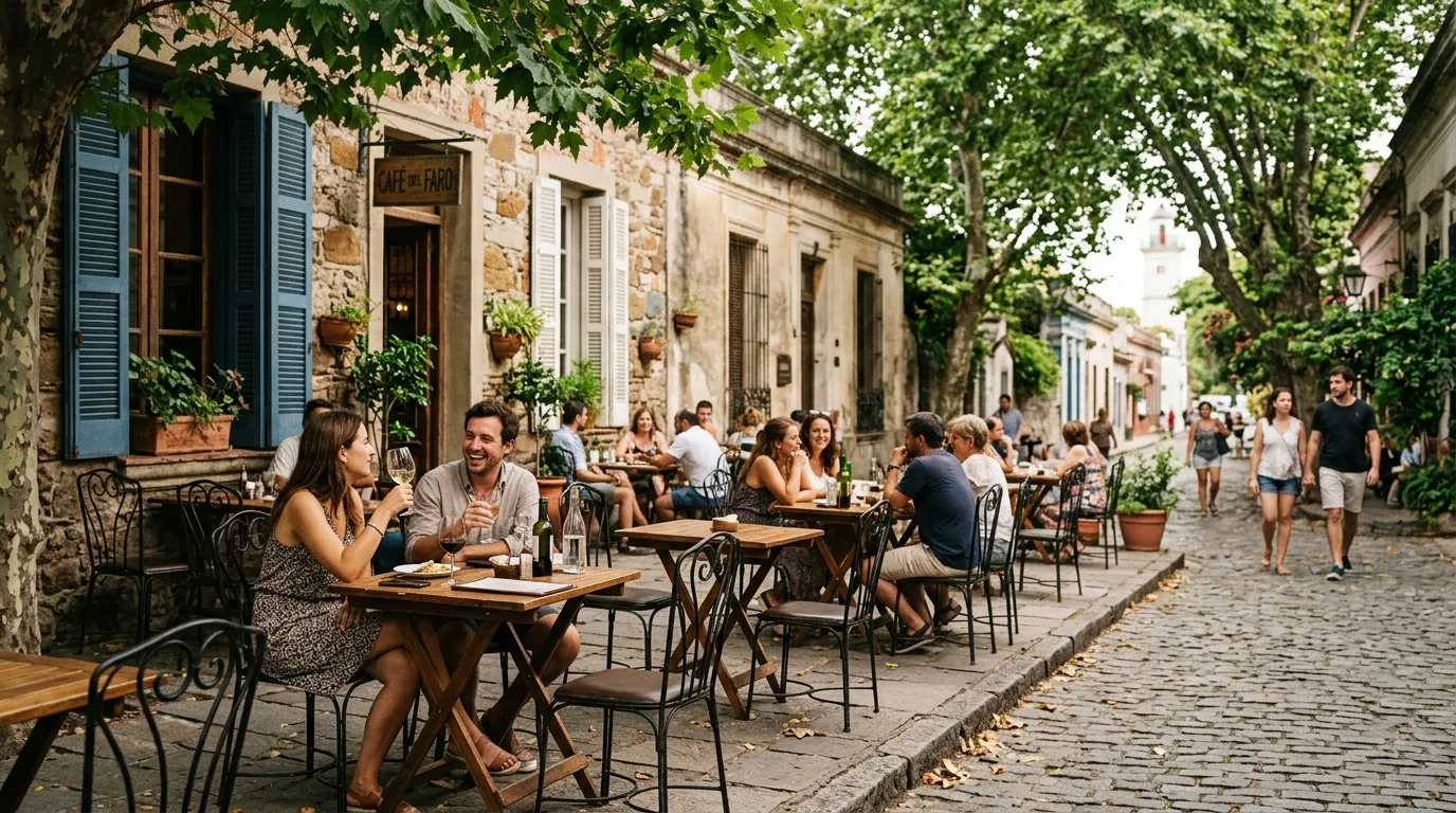 Charme de café ao ar livre no centro histórico de Colonia del Sacramento Uruguai.