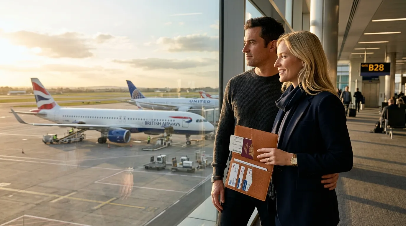 Casal no aeroporto segurando pasta com documentos para viajar para Argentina diante da janela ensolarada.