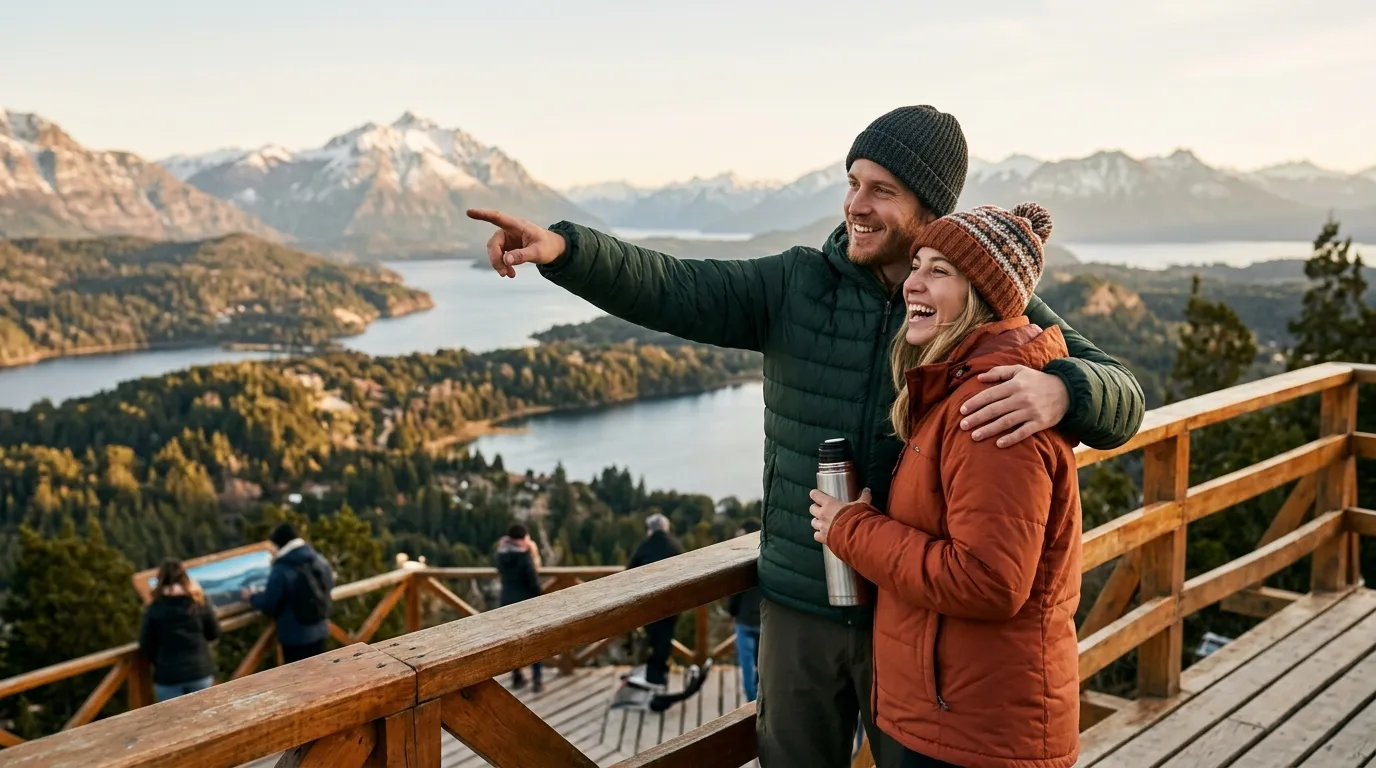 Casal apreciando mirante alpino durante viagem com roteiro em Bariloche.