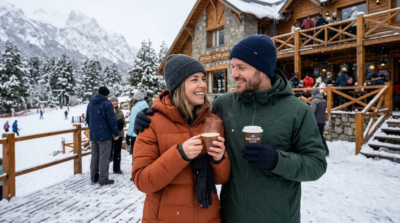 Casal aproveitando temporada de bariloche neve com roupas térmicas em resort alpino.