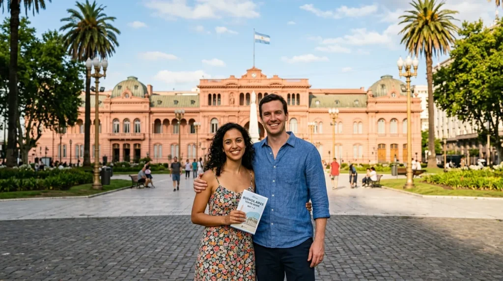 Casal aproveitando city tour em Buenos Aires em frente a Casa Rosada na Plaza de Mayo.