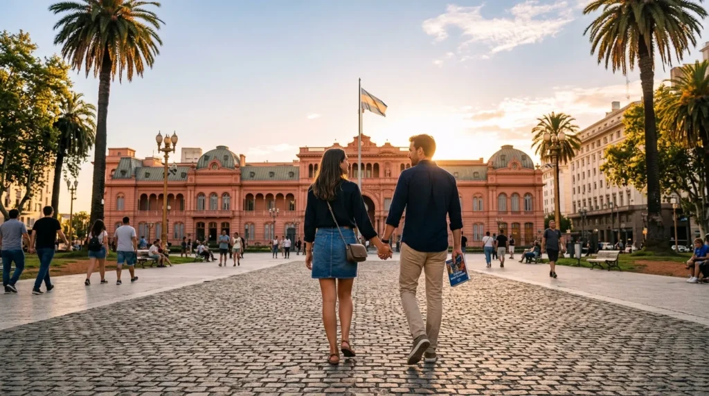 Casal caminhando pela Plaza de Mayo planejando seu roteiro buenos aires ao entardecer.