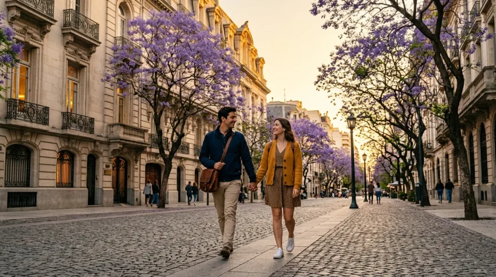Casal caminhando por Recoleta planejando o que fazer em Buenos Aires em 4 dias em viagem tranquila.