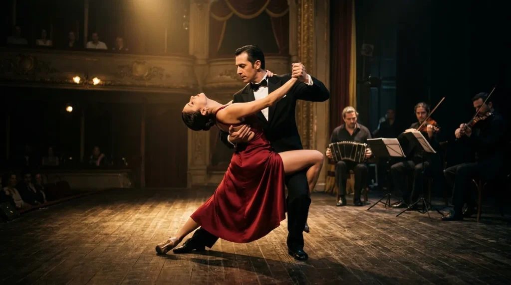 Casal dançando apaixonadamente em emocionante show de tango em Buenos Aires com iluminação dramática de teatro.