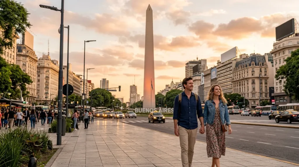 Casal explorando a Avenida 9 de Julho descobrindo o que fazer em Buenos Aires em 5 dias com roteiro imperdível.