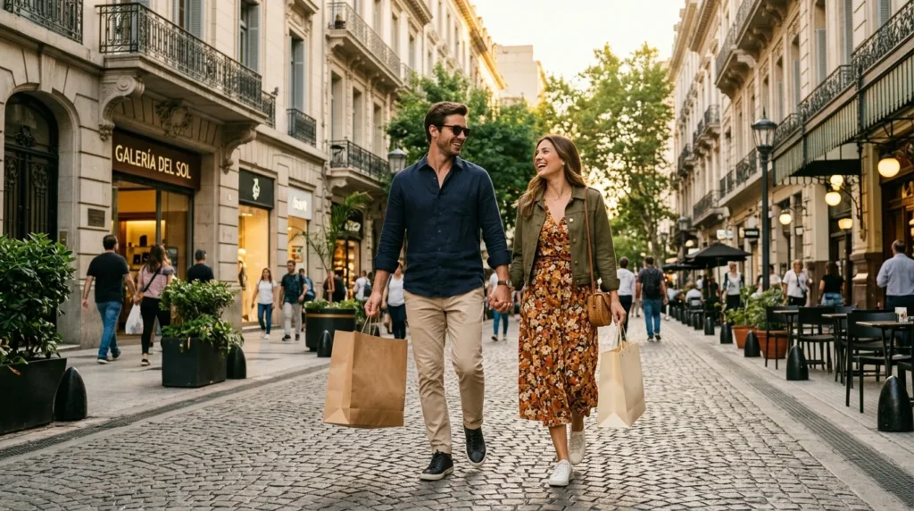 Casal aproveitando compras em Buenos Aires caminhando por charmosa rua comercial com sacolas.