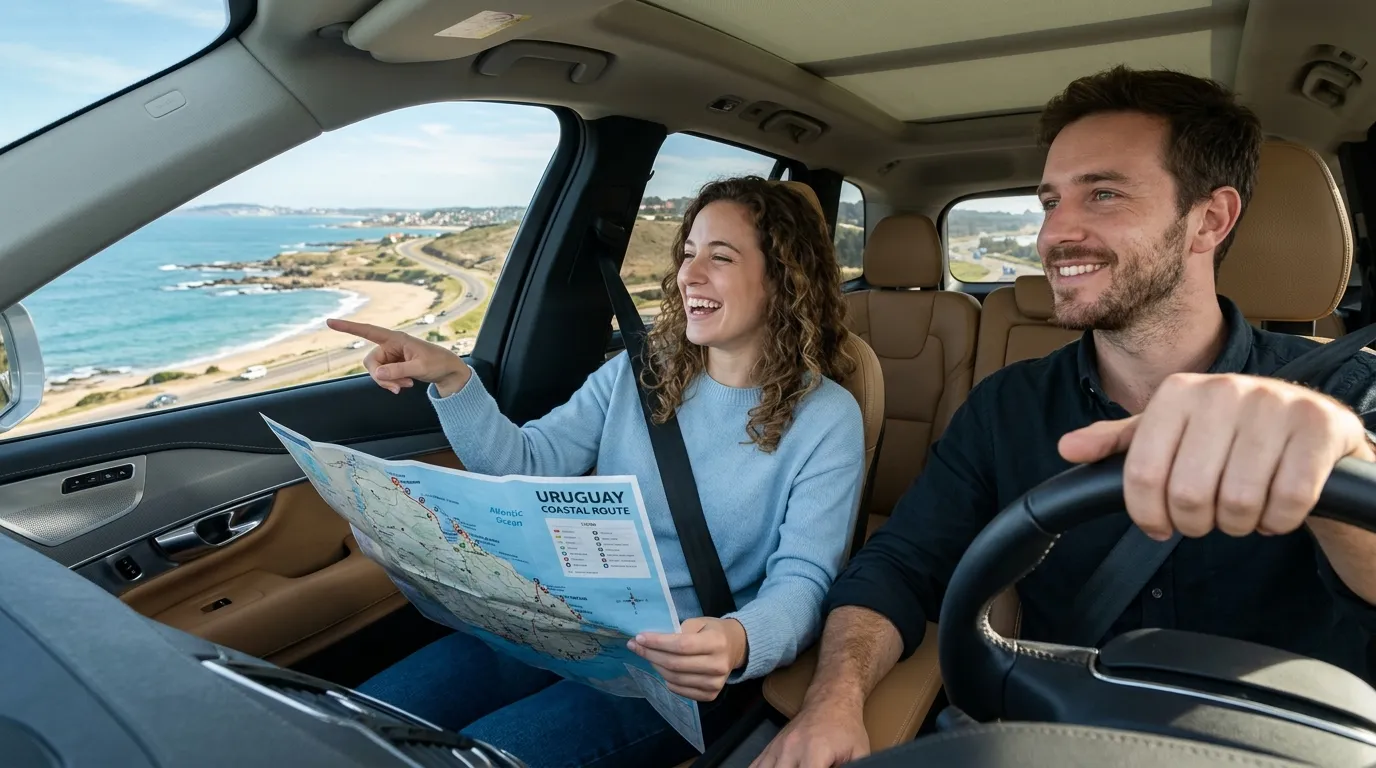 Casal viajando de Montevidéu a Punta del Este em transporte confortável apreciando a paisagem.