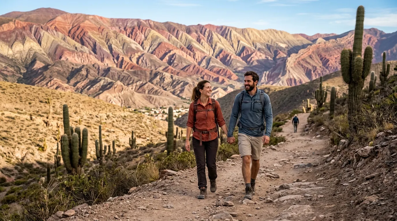 Casal caminhando em trilha cênica pela Quebrada de Humahuaca e montanhas coloridas.