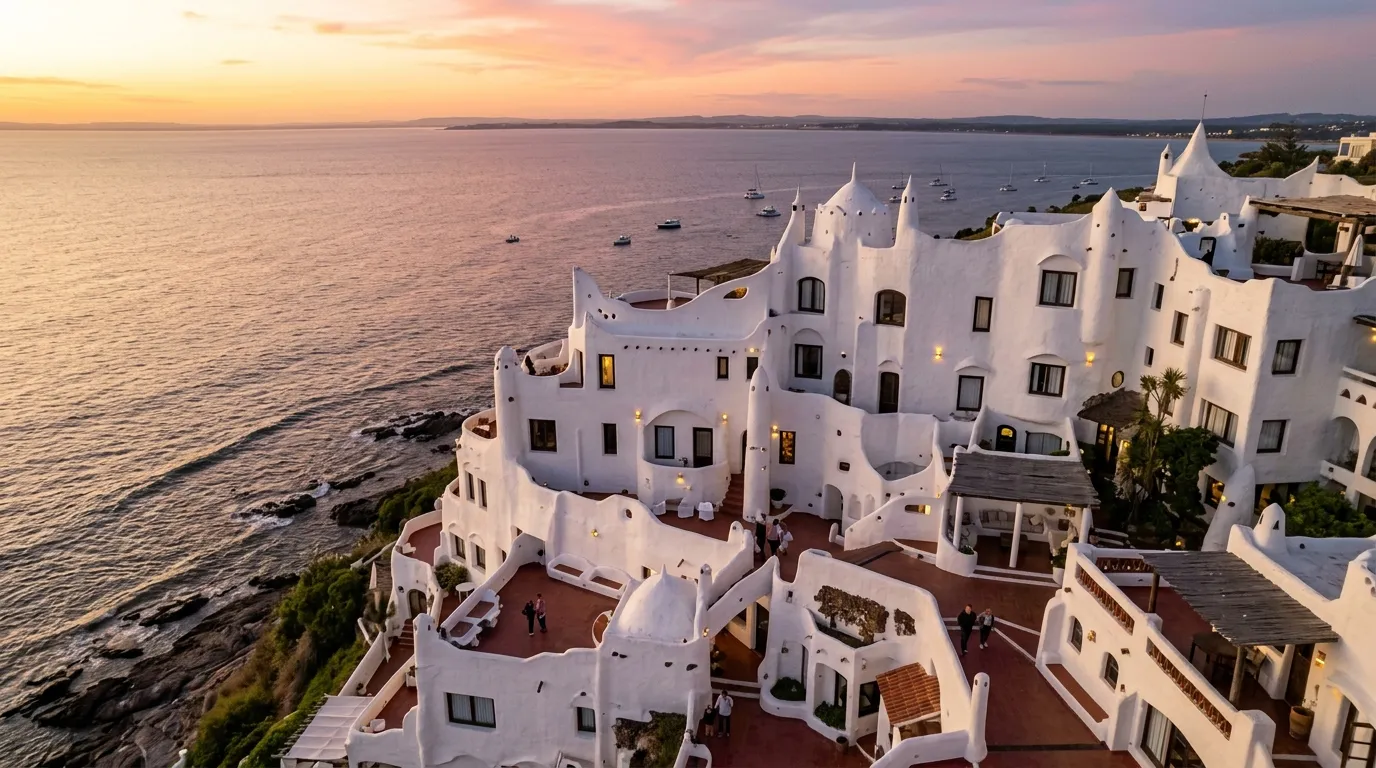 Arquitetura icônica de casapueblo ao entardecer entre pontos turísticos punta del este.