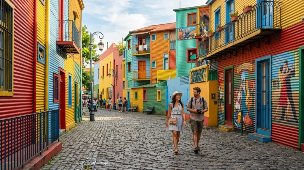 Casas coloridas tradicionais na rua Caminito La Boca em Buenos Aires durante dia ensolarado.