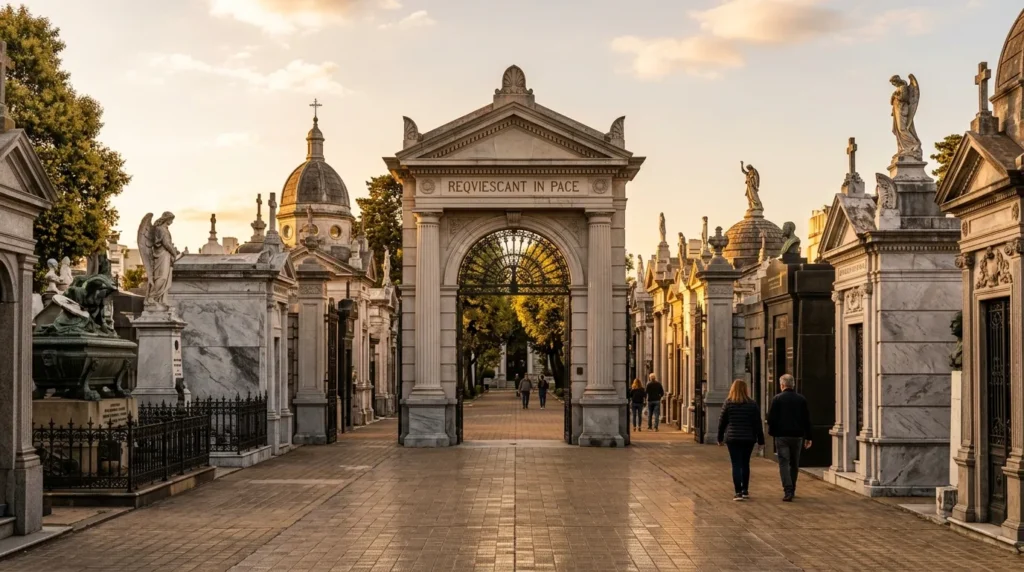 Entrada principal do cemiterio da recoleta em Buenos Aires destacando mausoleus historicos e arquitetura neoclassica.