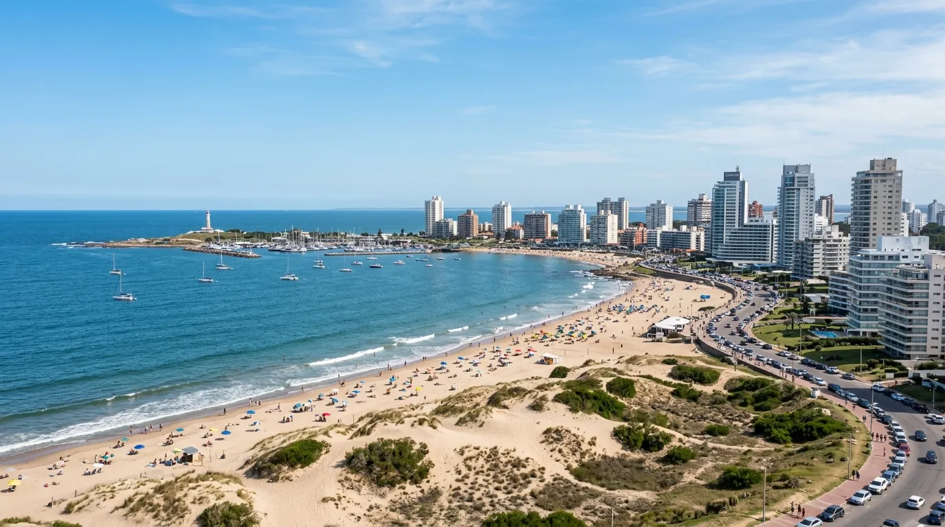 Chegada do trajeto de Montevidéu a Punta del Este com bela orla marítima e resorts uruguaios.