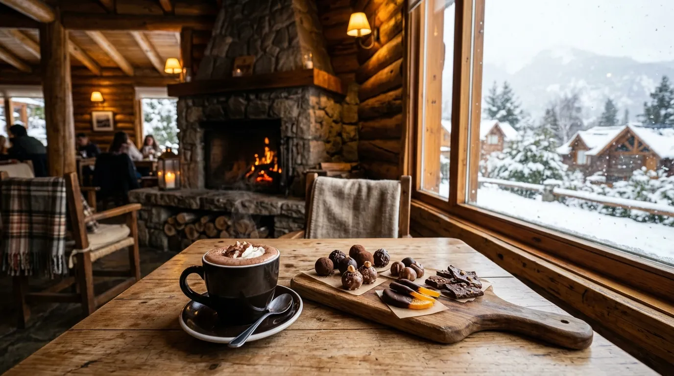 Chocolate quente artesanal em cafeteria para incluir no roteiro Bariloche.