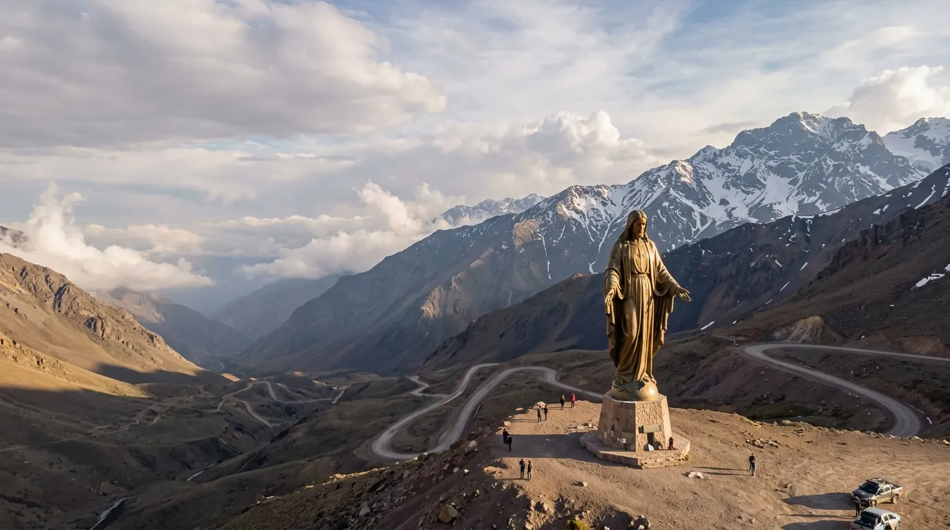 Monumento Cristo Redentor dos Andes na rota da alta montanha Mendoza entre picos imponentes