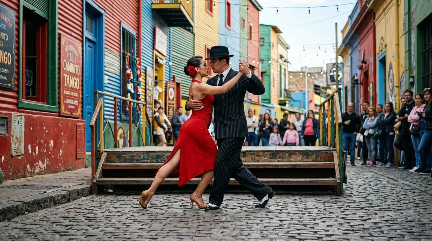 Dancarinos de tango profissional no Caminito La Boca ao ar livre.