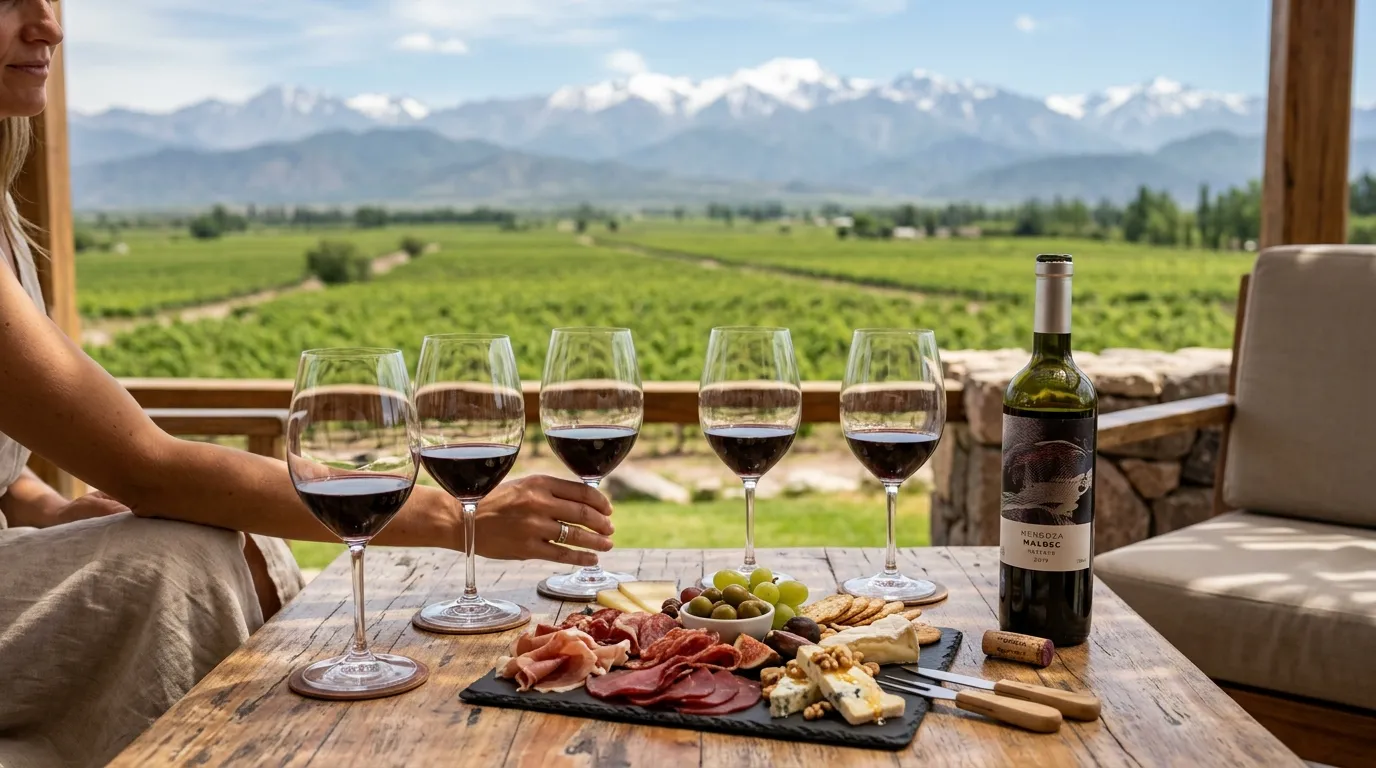 Degustação de vinhos refinada ao ar livre nas melhores vinicolas Mendoza com vista panorâmica.