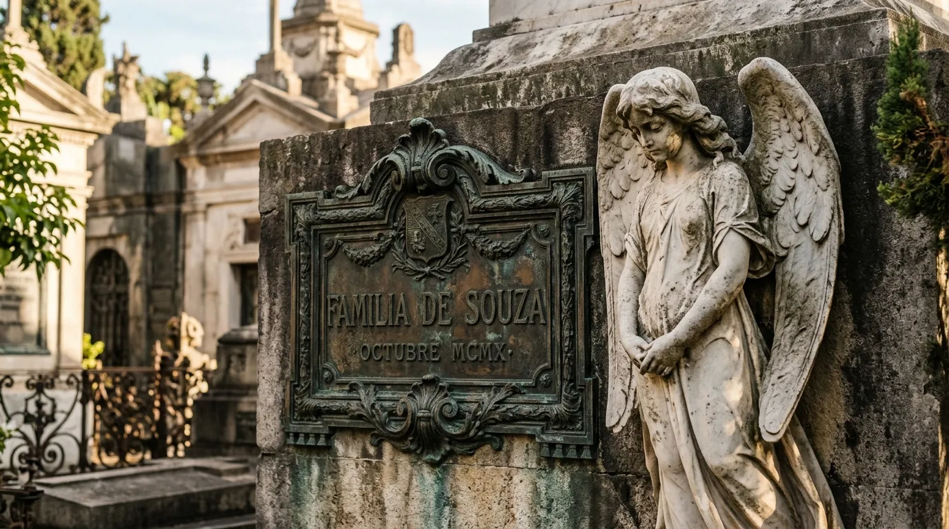 Detalhes de estatua e arquitetura em marmore no cemiterio da recoleta em Buenos Aires.