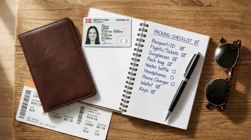 Mesa organizada com documentos para viajar para Argentina, caderno de checklist e passaporte em luz natural suave.