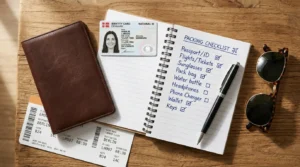 Mesa organizada com documentos para viajar para Argentina, caderno de checklist e passaporte em luz natural suave.