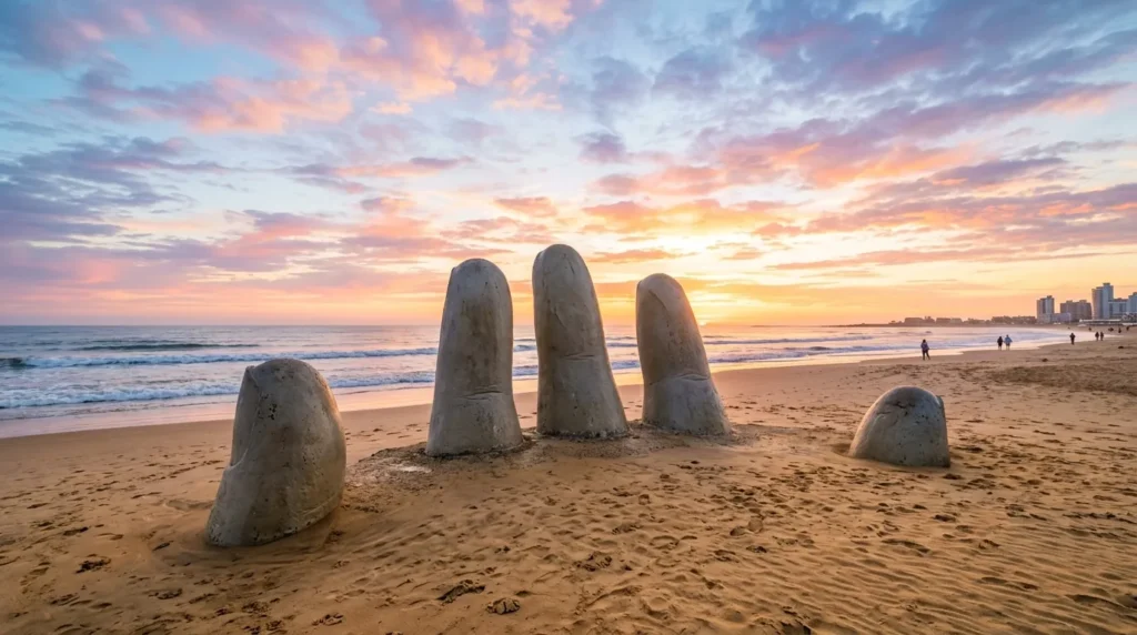 Escultura dos Dedos na praia de Punta del Este durante o nascer do sol dourado