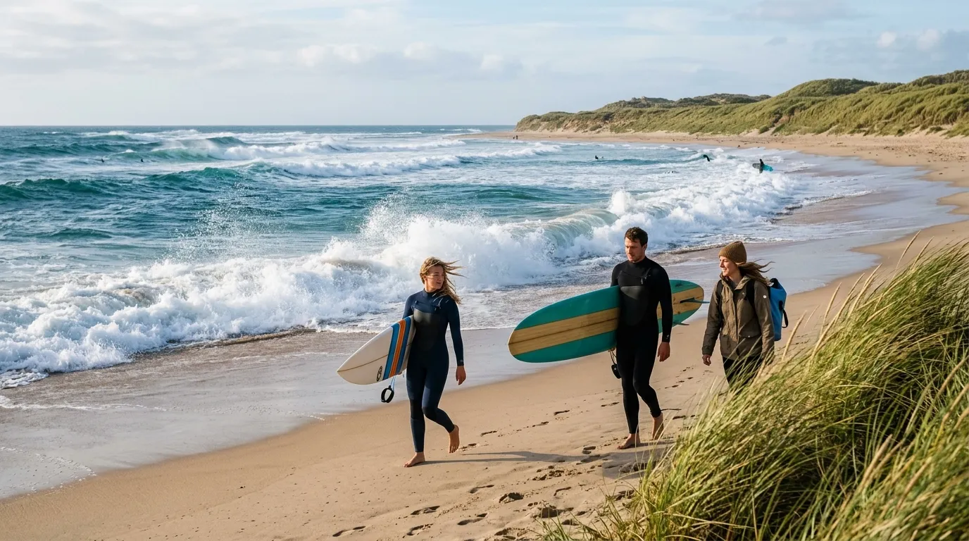 Praticantes de esportes aquáticos aproveitando ondas nas animadas punta del este praias.