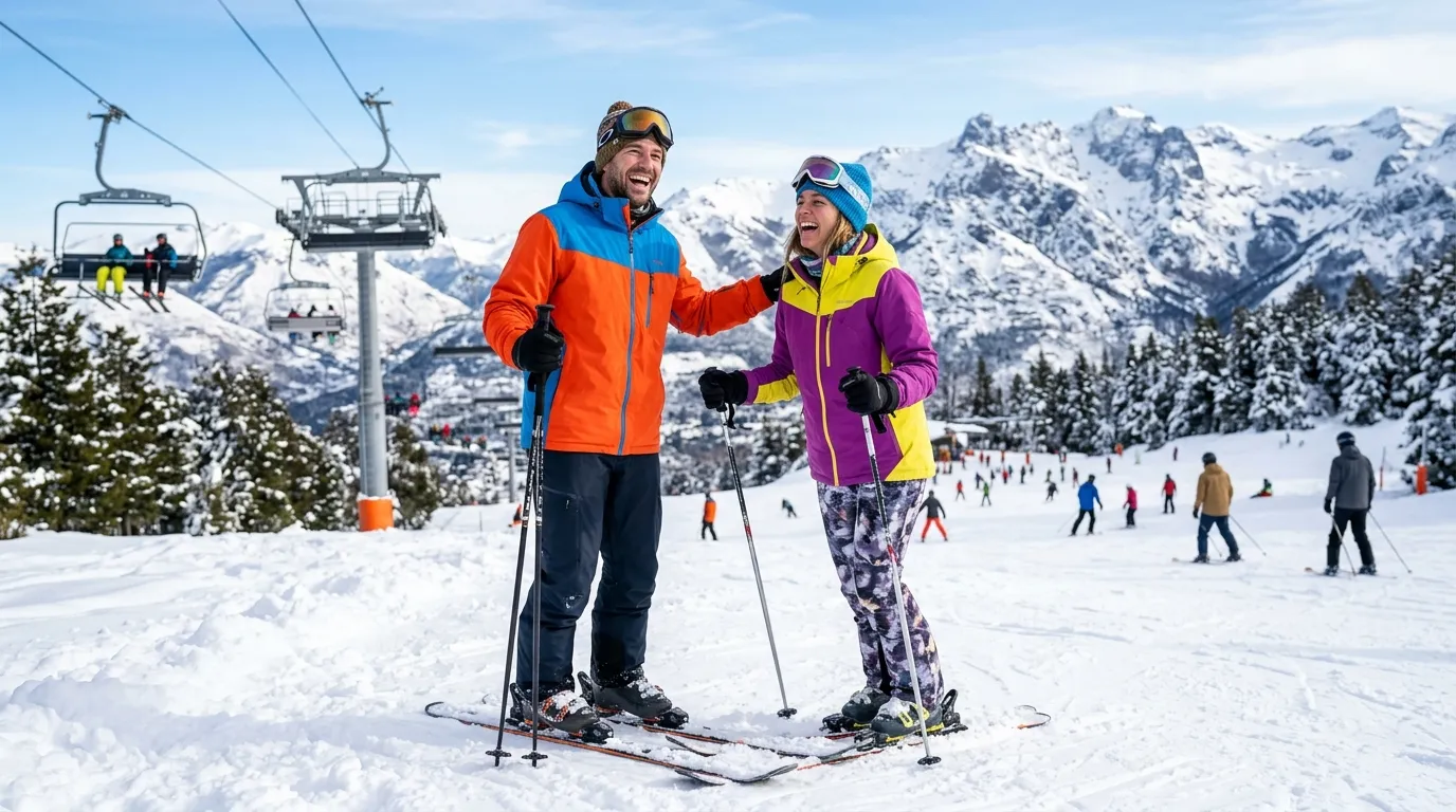 Esquiadores aproveitando a neve como dica de o que fazer em Bariloche em julho.