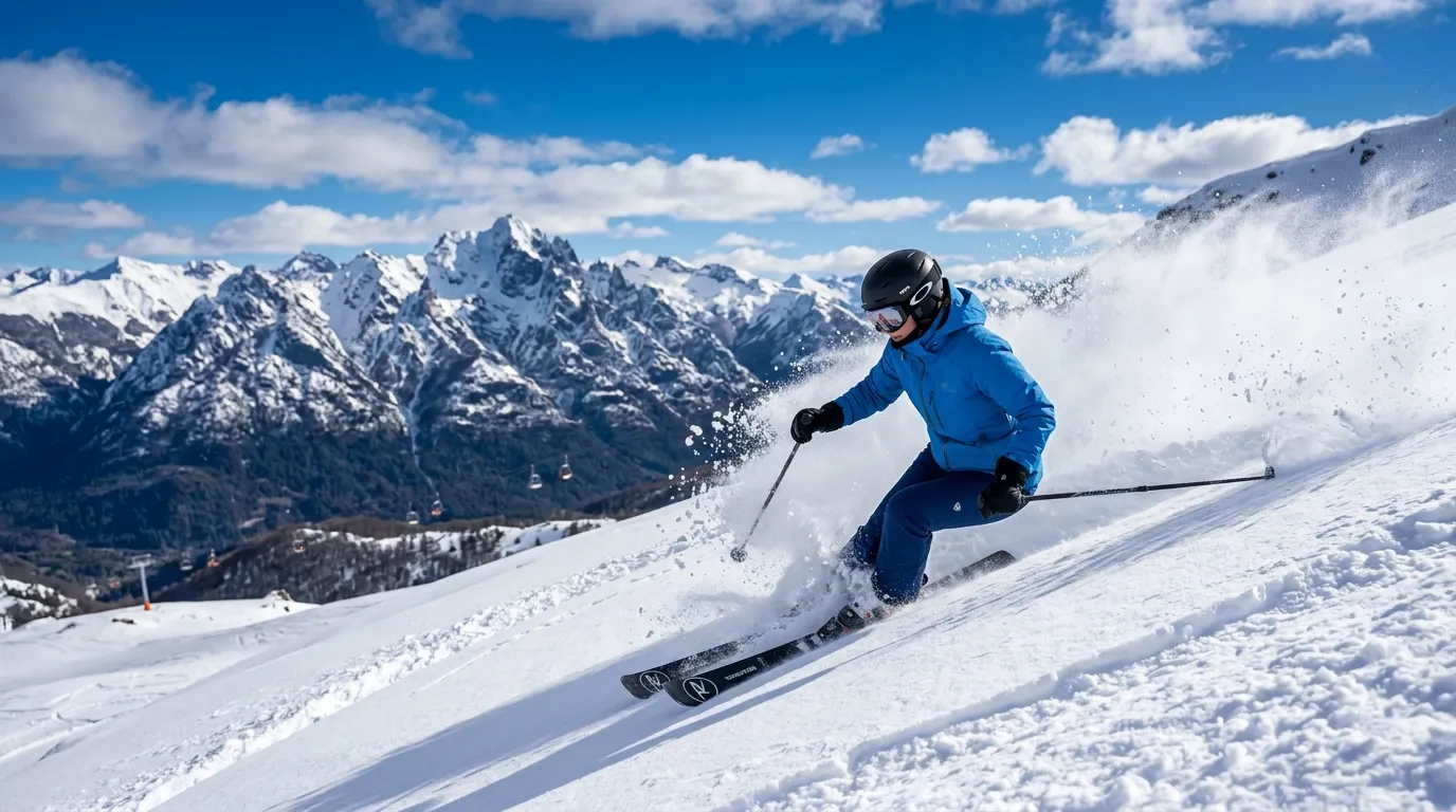 Esquiando na neve durante roteiro completo sobre o que fazer em Bariloche na Argentina.