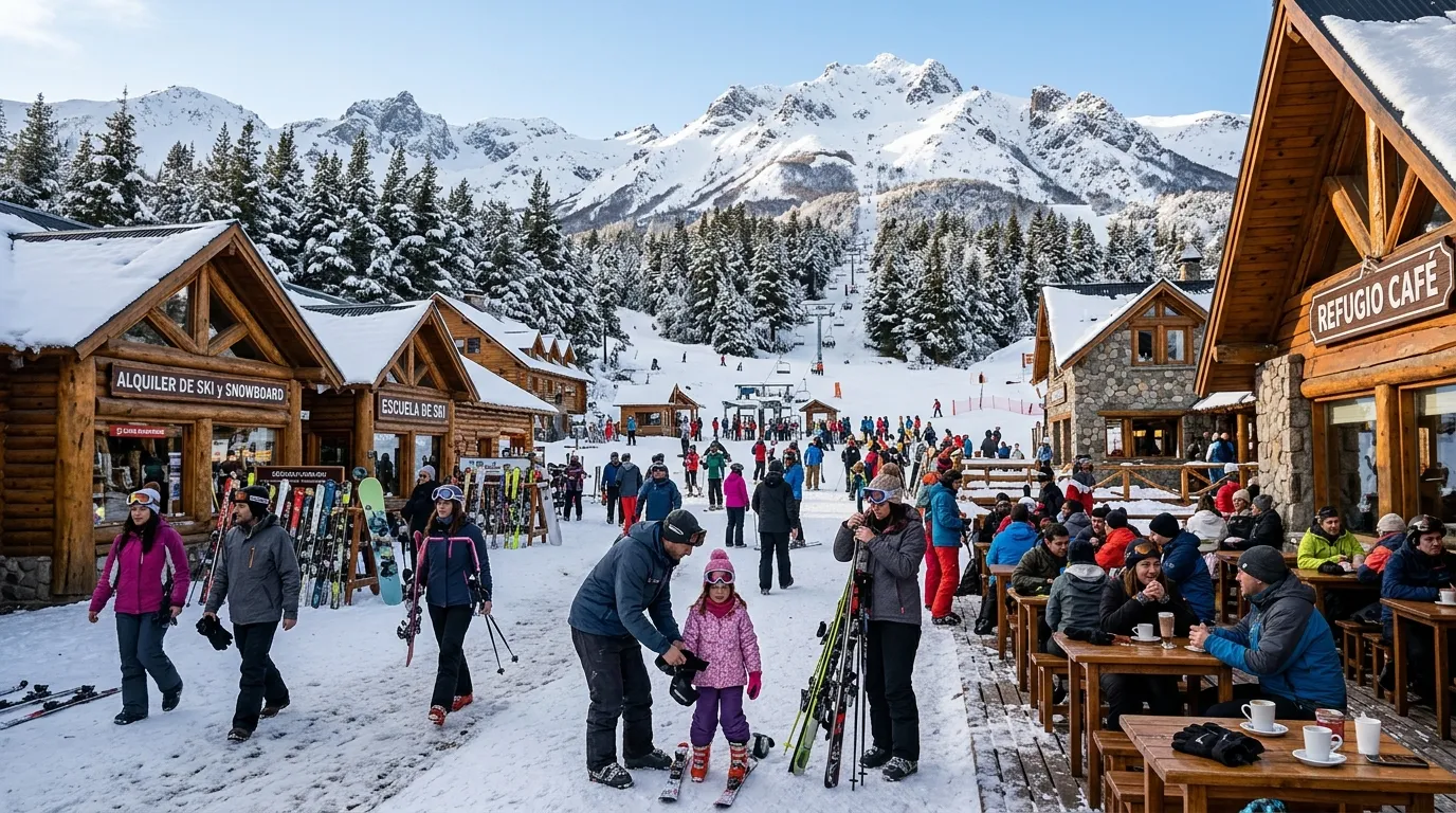 Base da estação de esqui no Cerro Catedral Bariloche com chalés e turistas aproveitando a neve.
