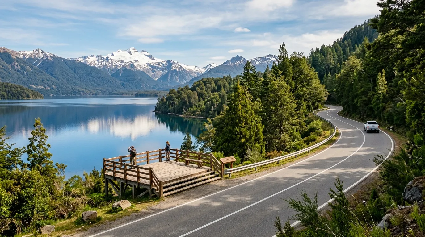 Estrada cenica arborizada da Rota dos 7 Lagos conectando Bariloche a paisagens andinas incriveis.