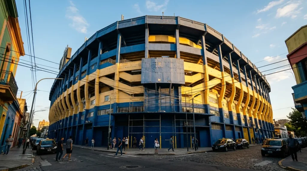 Fachada externa colorida do estadio durante o dia em Buenos Aires.