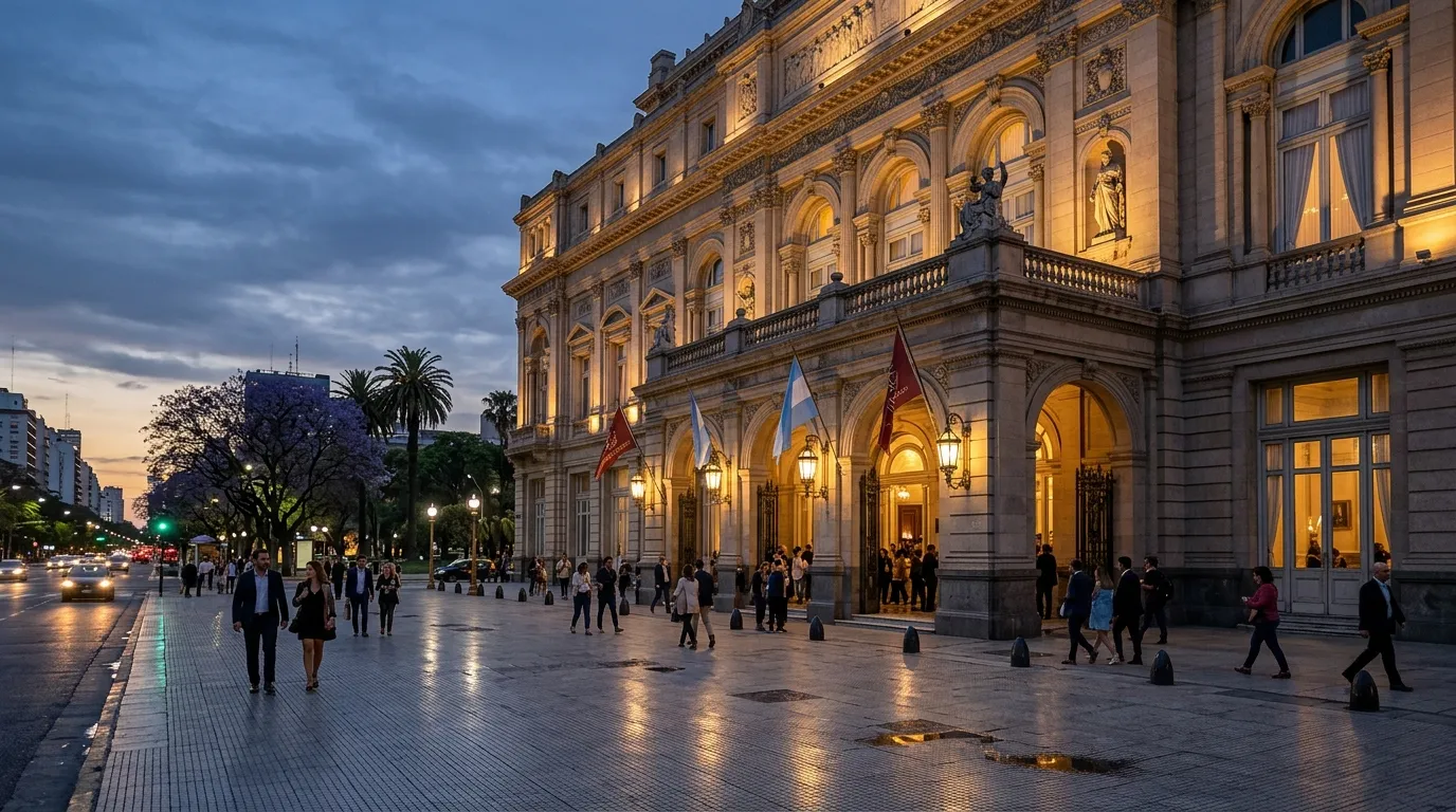 Fachada externa iluminada do Teatro Colón Buenos Aires ao entardecer com arquitetura clássica imponente.