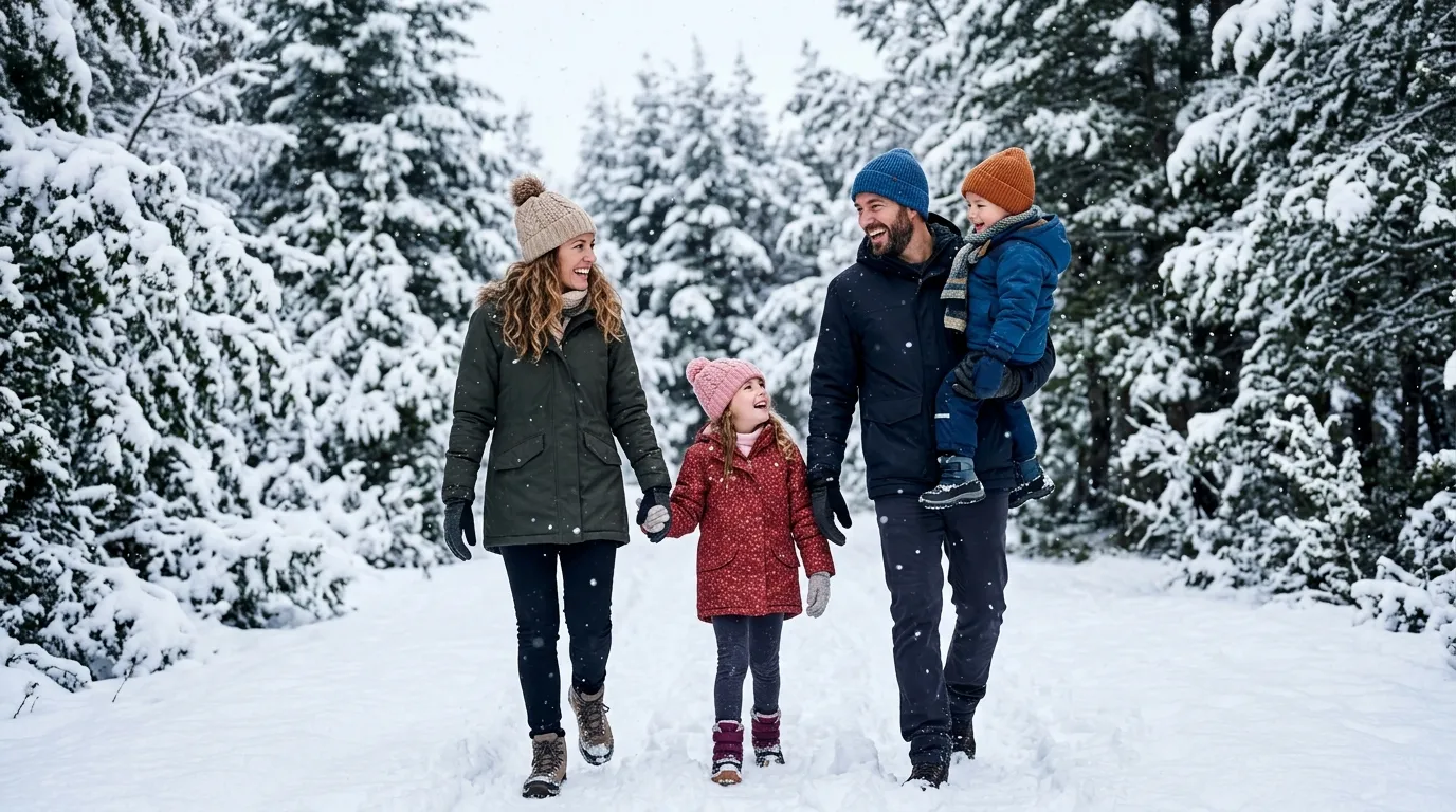Família aproveitando a queda no período de neve em Bariloche.