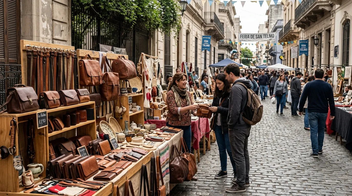 Feira de artesanato tradicional para compras em Buenos Aires com produtos em couro.