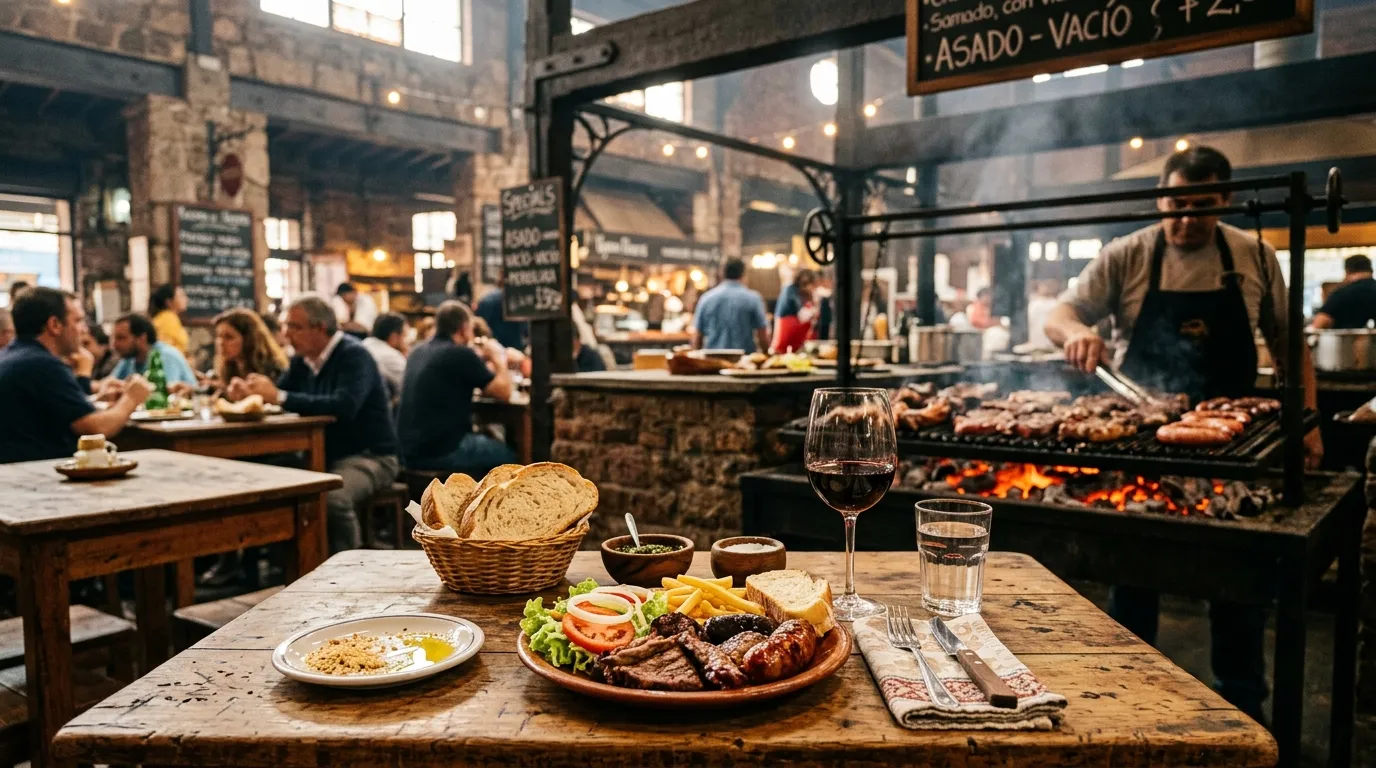 Gastronomia tradicional no mercado histórico, imperdível sobre o que fazer em Montevidéu.