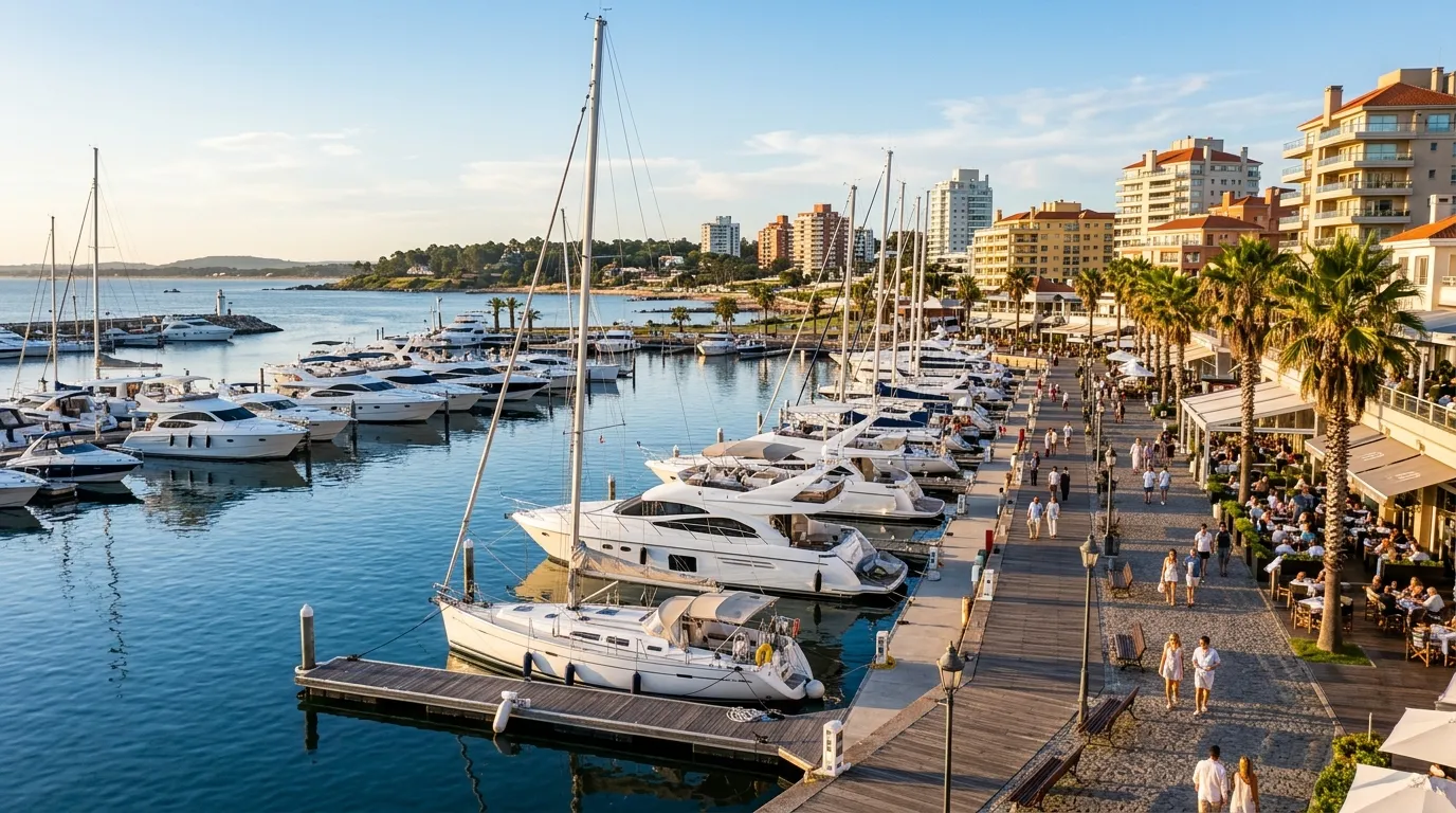 Iates luxuosos ancorados na marina de Punta del Este no fim de tarde