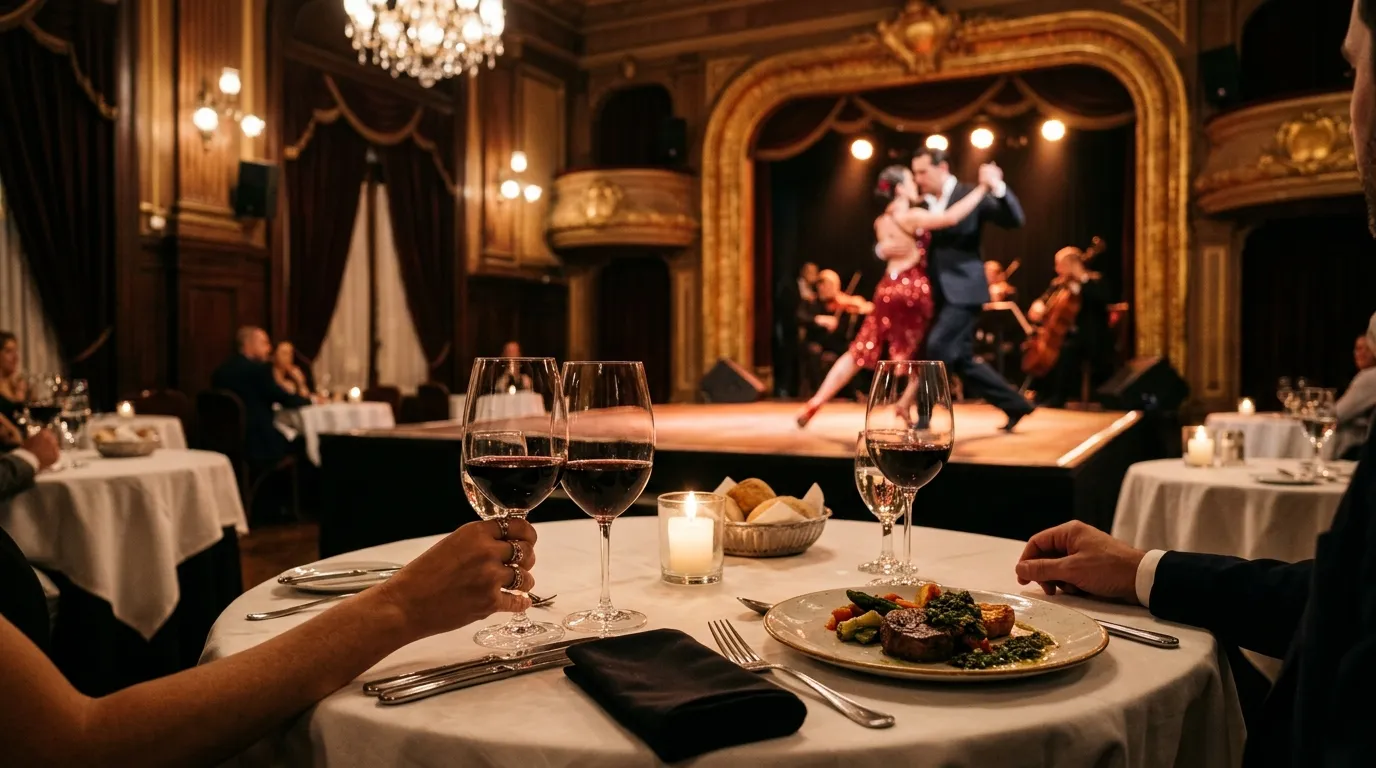 Jantar sofisticado para avaliar qual é o melhor show de tango em Buenos Aires com vista ao palco.