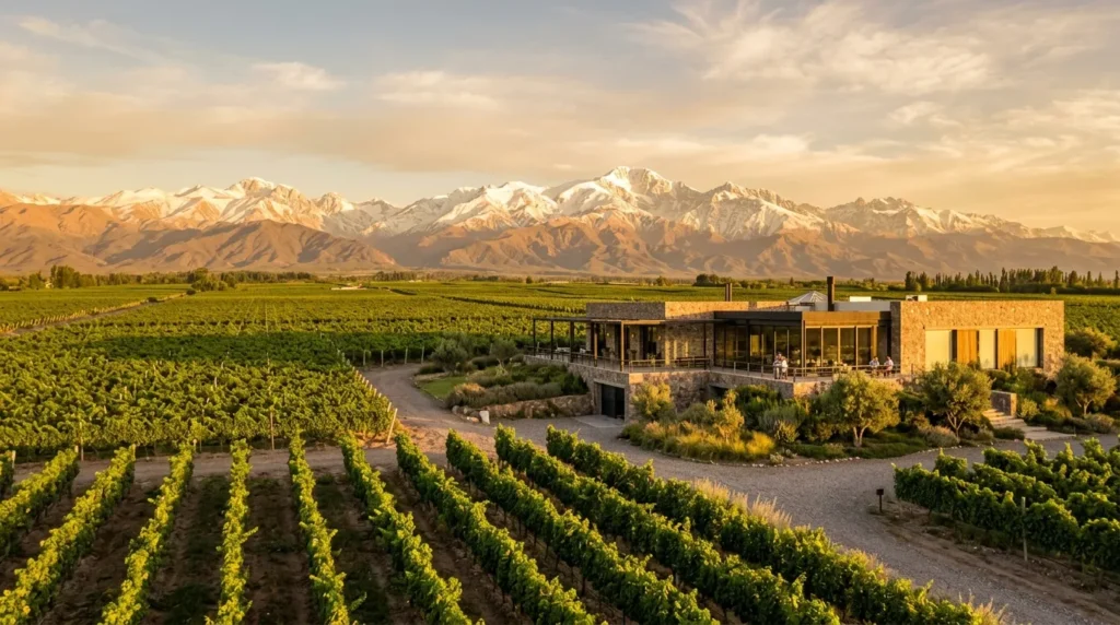 Paisagem deslumbrante das melhores vinicolas Mendoza com vinhedos verdes e a Cordilheira dos Andes ao fundo.