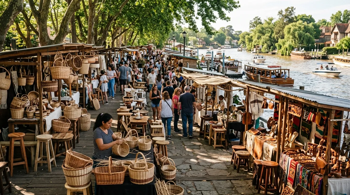 Mercado de artesanato ao ar livre em Tigre Buenos Aires com peças artesanais locais.