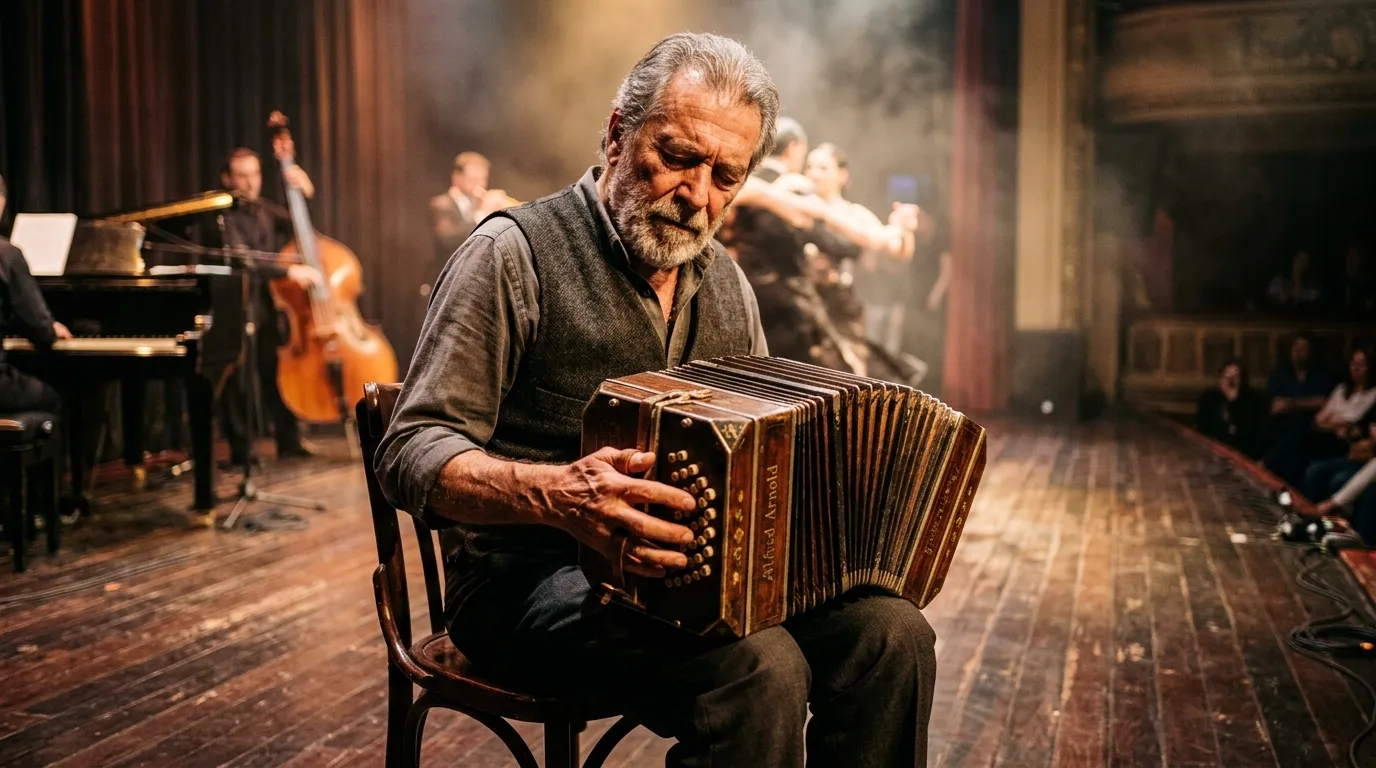 Músico tocando bandoneon durante apresentação autêntica de show de tango em Buenos Aires.