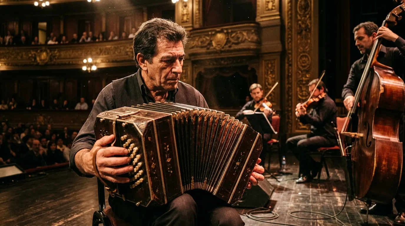 Músicos tocando bandoneón ao vivo para decidir qual é o melhor show de tango em Buenos Aires.