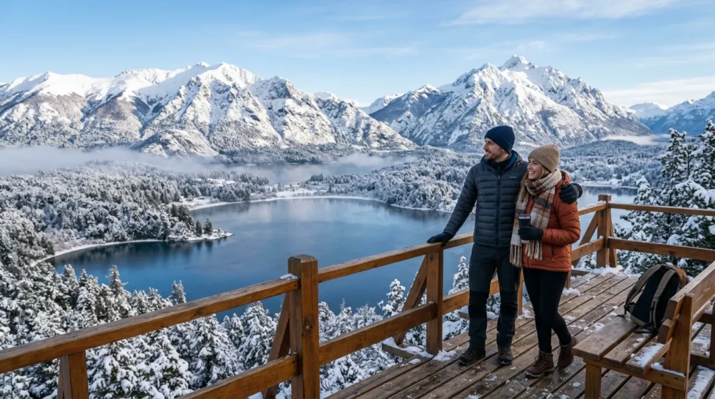 Descubra o que fazer em Bariloche no inverno com vistas deslumbrantes do lago e montanhas nevadas.
