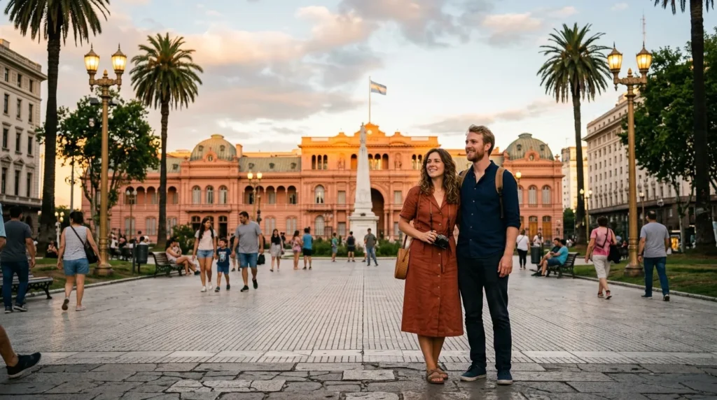 Casal explorando pontos turísticos históricos descobrindo o que fazer em Buenos Aires em 3 dias com roteiro completo.