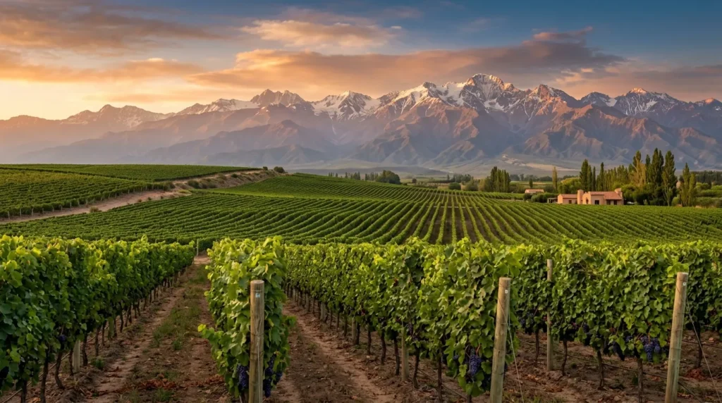 Guia de o que fazer em Mendoza com vinhedos exuberantes e a Cordilheira dos Andes ao pôr do sol.