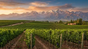 Guia de o que fazer em Mendoza com vinhedos exuberantes e a Cordilheira dos Andes ao pôr do sol.